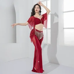 Belly Dancing Practice Set Sexy V-neck Top+ Tassel Belt Pants Flare Trousers Adult Oriental Dance Professional Training Clothing
