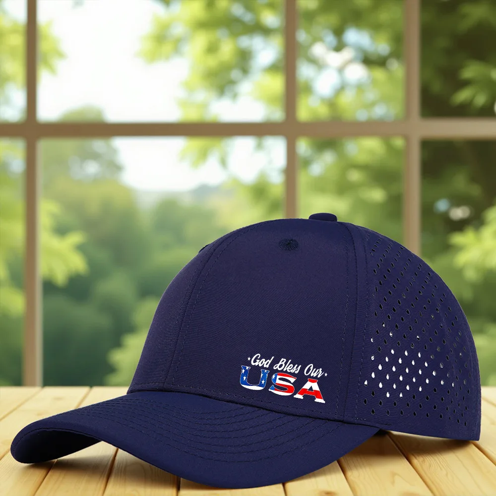 미국 패턴이 있는 6피스 레이저 천공 야구 모자, 자외선 차단 및 방수 통기성 메쉬 스포츠 챙 모자