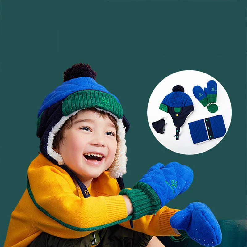 Warm Children Hat Scarf Gloves Set Autumn Winter Kids Ear Protection Warm Cap Boy Girl Soft Windproof Thickened Velvet Hats