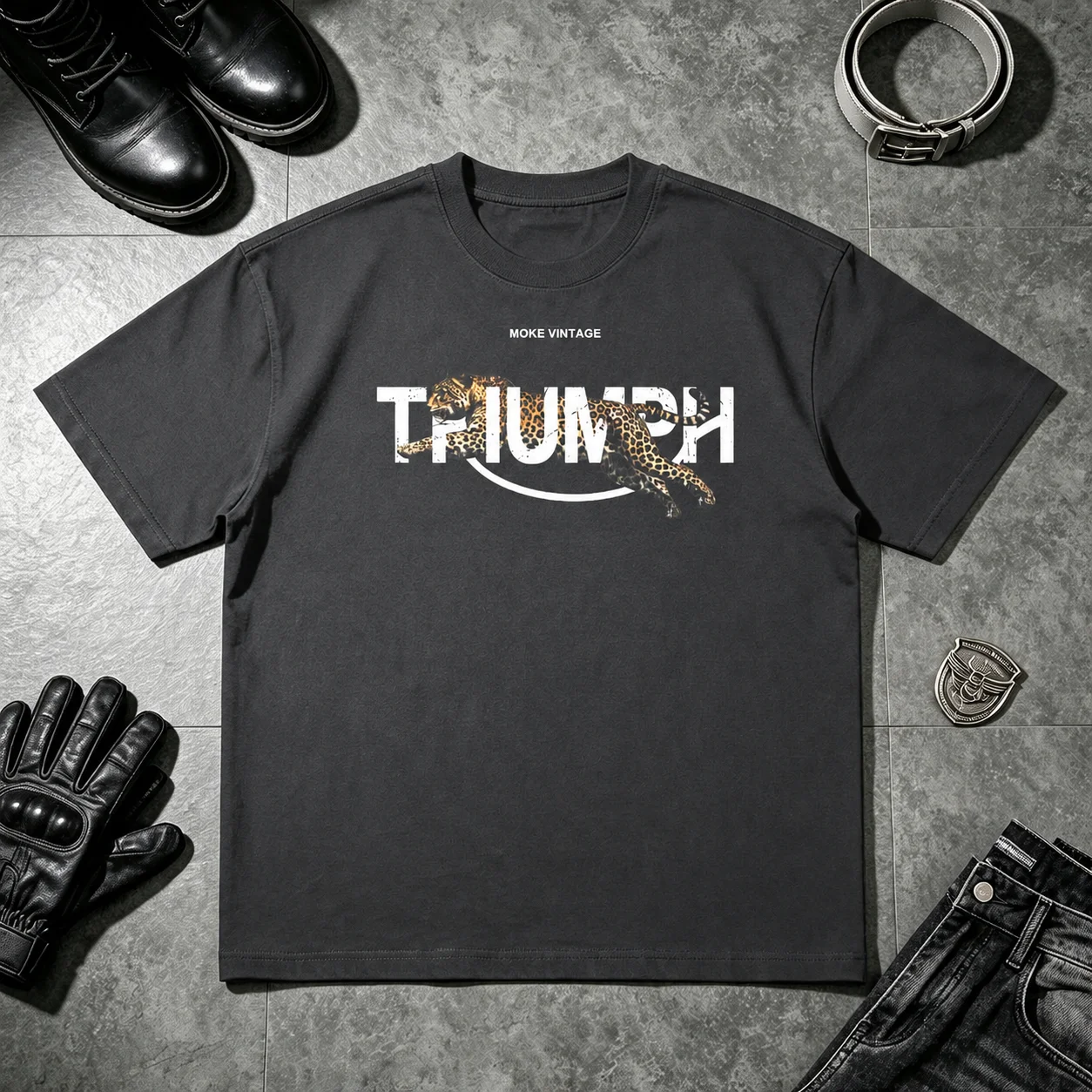 Amerikanische Motorrad-Ästhetik Triumph Leopardenmuster Atmungsaktives Baumwoll-Unisex-T-Shirt mit Rundhalsausschnitt und kurzen Ärmeln – Detail 10