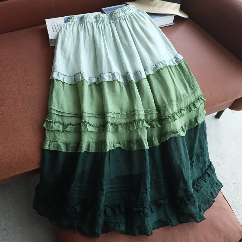 New Summer Autumn Color-blocking Lace Ramie Skirt Women Clothing Loose Versatile Sweet Youthful Cotton And Linen Skirts U103