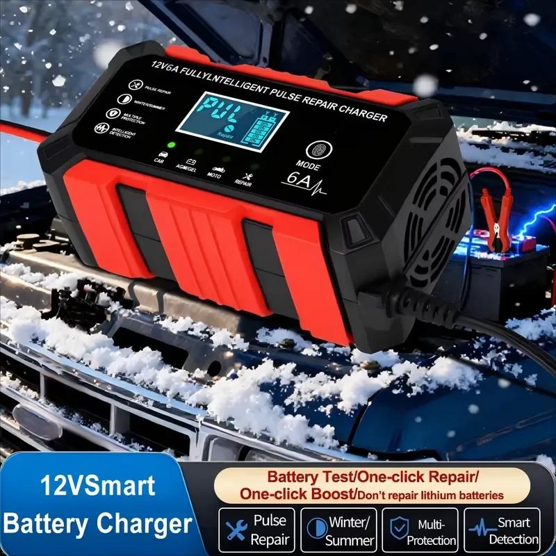 12V 6A Lead-Acid Battery Charger, Pulse Maintainer for Car Motorcycle Electric Vehicle, Intelligent Auto Stop