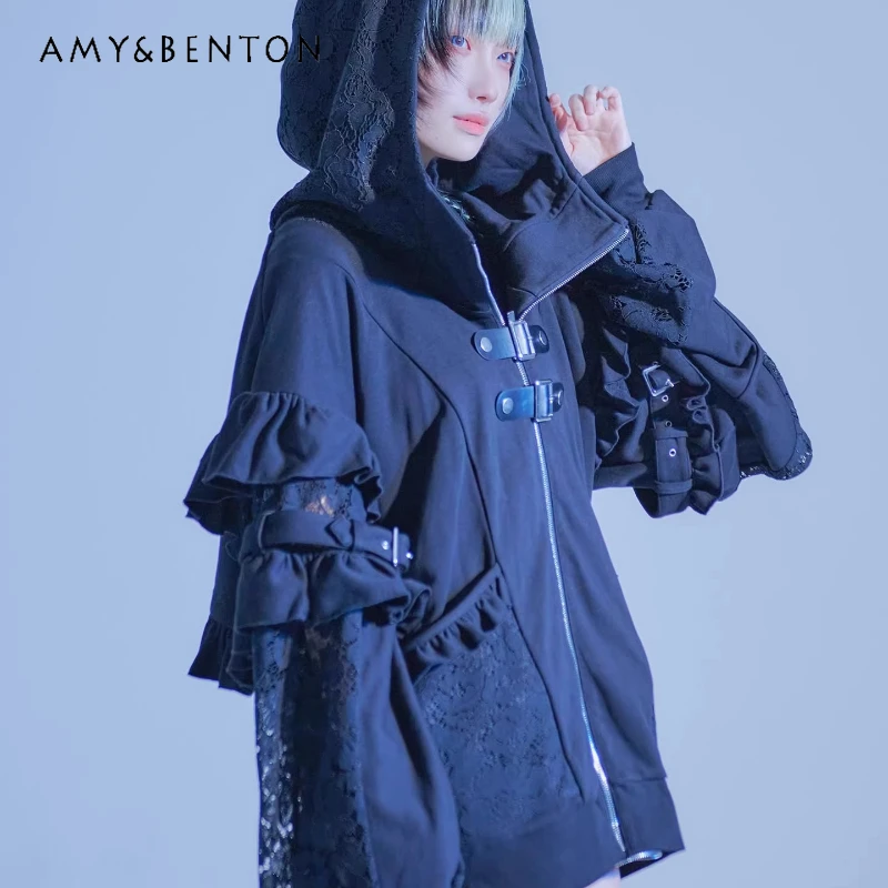 Original Design Women's Clothing 2026 New Subculture Dark Punk Sweet Cool Y2k Lace Hollow Out Long-sleeved Hooded Jackets Ladies