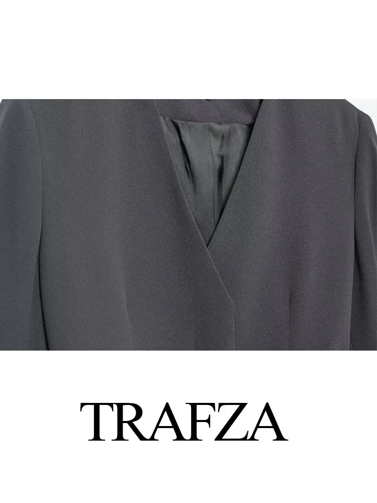 TRAFZA Autumn Woman Elegant Long Sleeves Single Breasted Casual Coat Women Jacket V-Neck Pocket Belt Decorate Casual Blazer