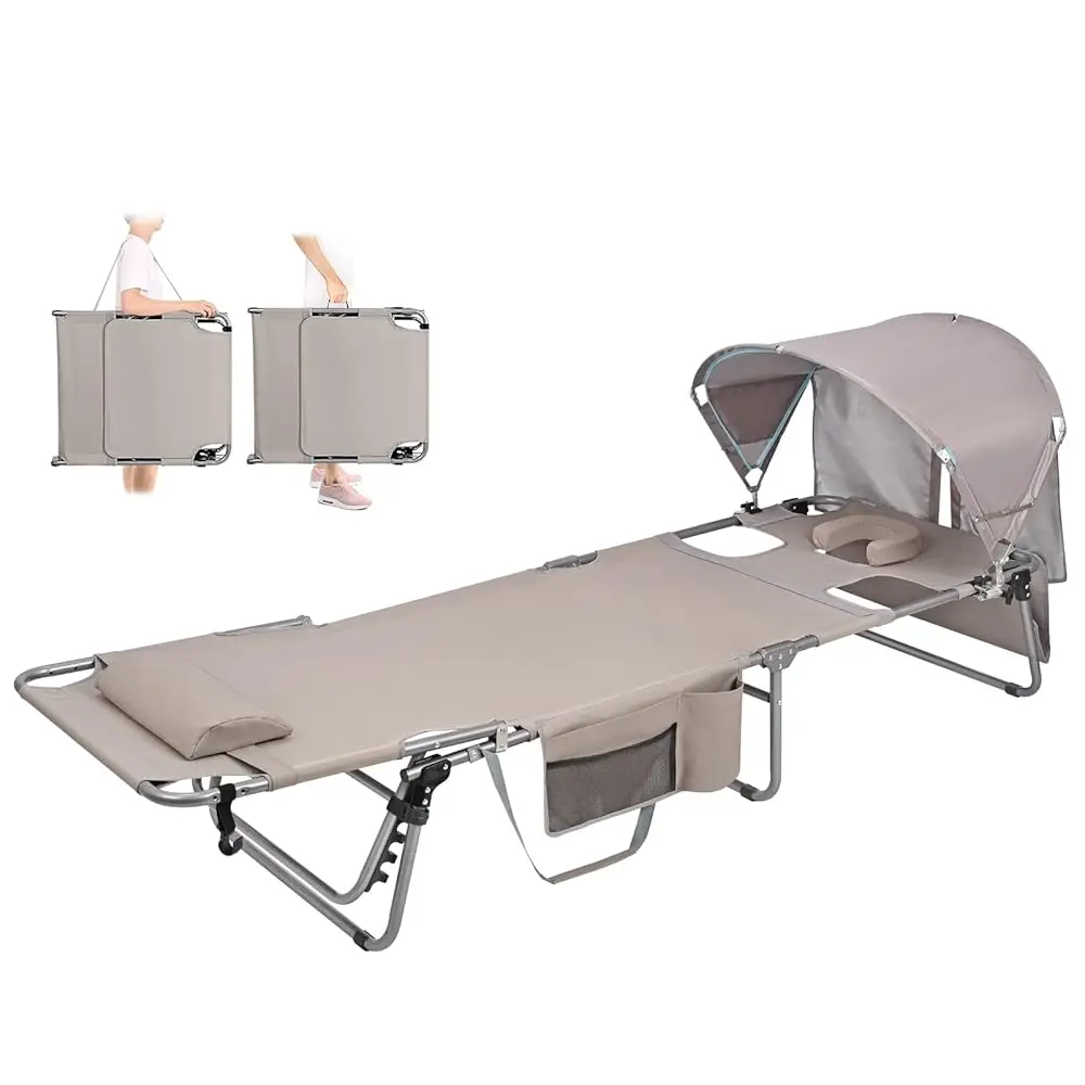 

Tanning Chair With Sun Canopy Face Hole, Heavy Duty Folding Chaise Lounge Chair 5 Position Reclining For Adults Outside Reading