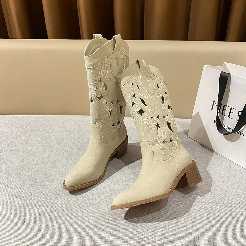 

New Women's Shoes Retro Embroidery Western Cowboy Boots for Woman Fashion Hollow Out Mid Calf Boots Designer Shoes Botas Mujer