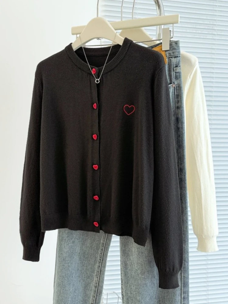 Korean Style Versatile Tops Embroidered Single Breasted Women Knit Cardigan 2026 Autumn Loose Figure Flattering Sweater
