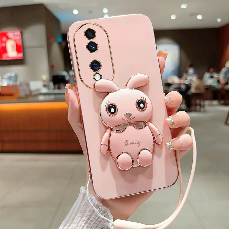 

Phone Case For Huawei Honor 70 5G Luxury Plating Square Rabbit Holder With Landyard Phone Case Cover