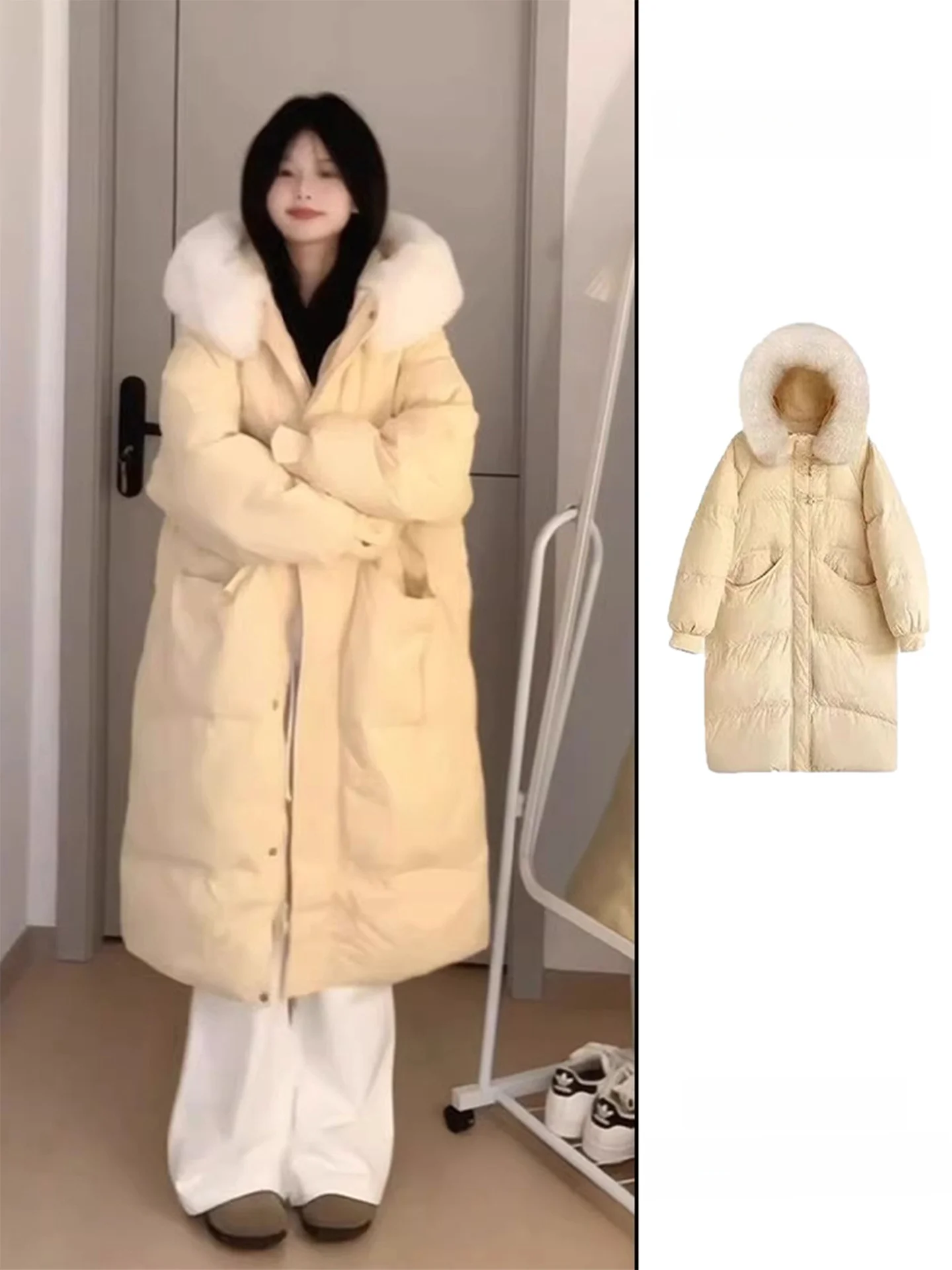 

Женское хлопковое пальто-манто средней длины с большим меховым воротником, свободное зимнее теплое пальто в Корейском стиле, верхняя одежда