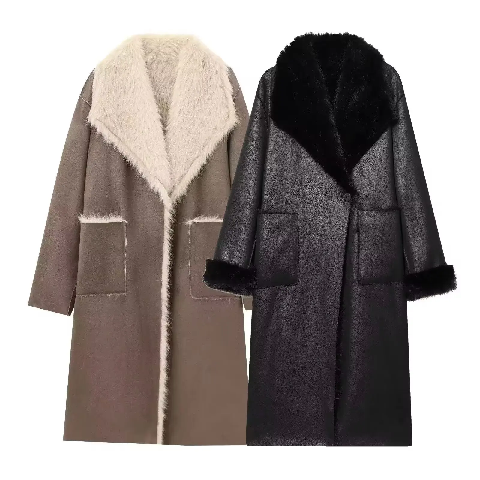 Guobioziy 2026 Women's Elegant Versatile Long Reversible Faux Fur Shearling Jacket European American Style Winter Coat