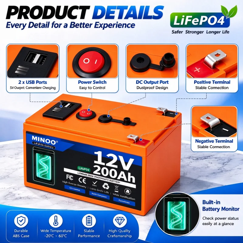 12V 200Ah LiFePO4 Solar Battery Deep Cycle Rechargeable Built-in BMS Lithium 300000mAh for Power Wheels Scooters Fish Finder