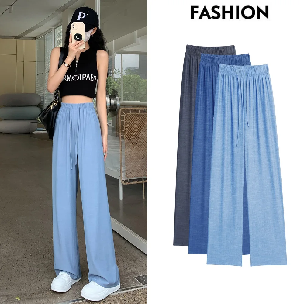 

Tian Si Jeans Women's 2023 New Summer Thin High Waist Straight Barrel Narrow Ice Silk Wide Leg Pants Casual Pants