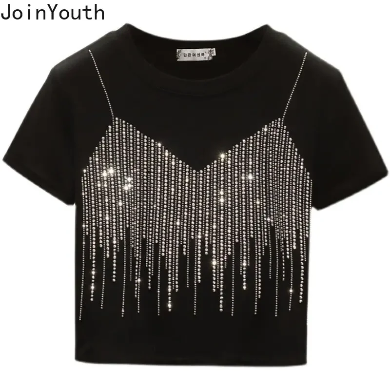 Shirts for Women Diamond Fashion Oversized Tshirts Y2k Tops 2024 Ropa Mujer Short Sleeve Fake Two T-Shirt Summer Casual Tees