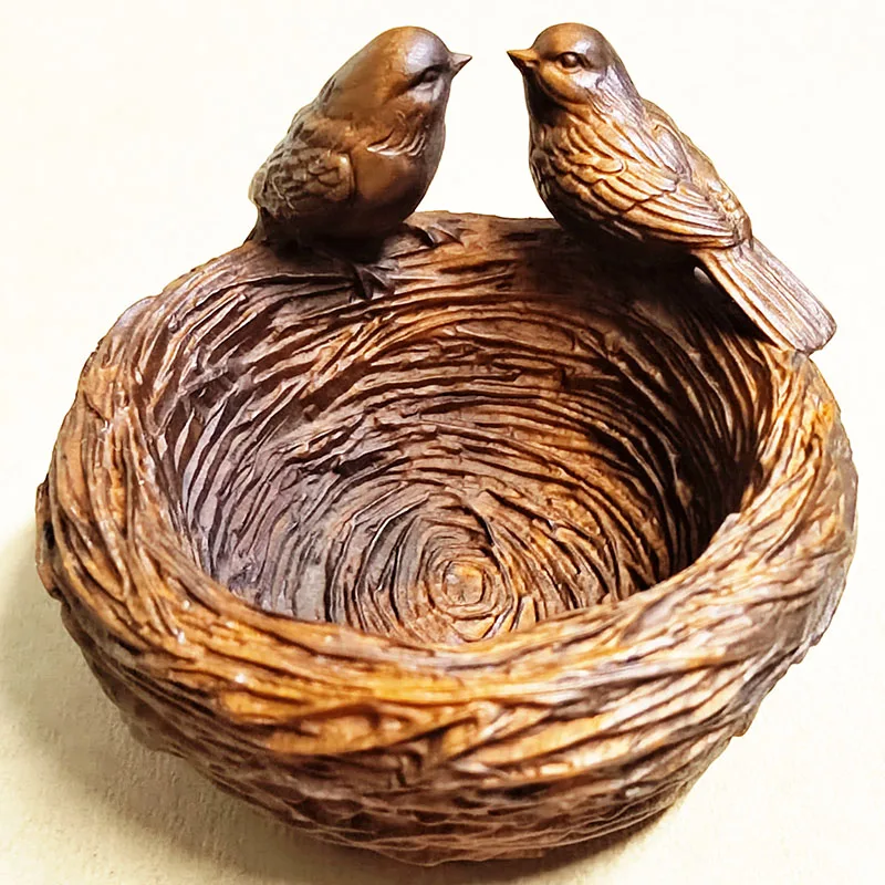 BY209 - 7.8 x 7.8 x 6 CM Carved Boxwood Carving Figurine - Birds Couple in Nest