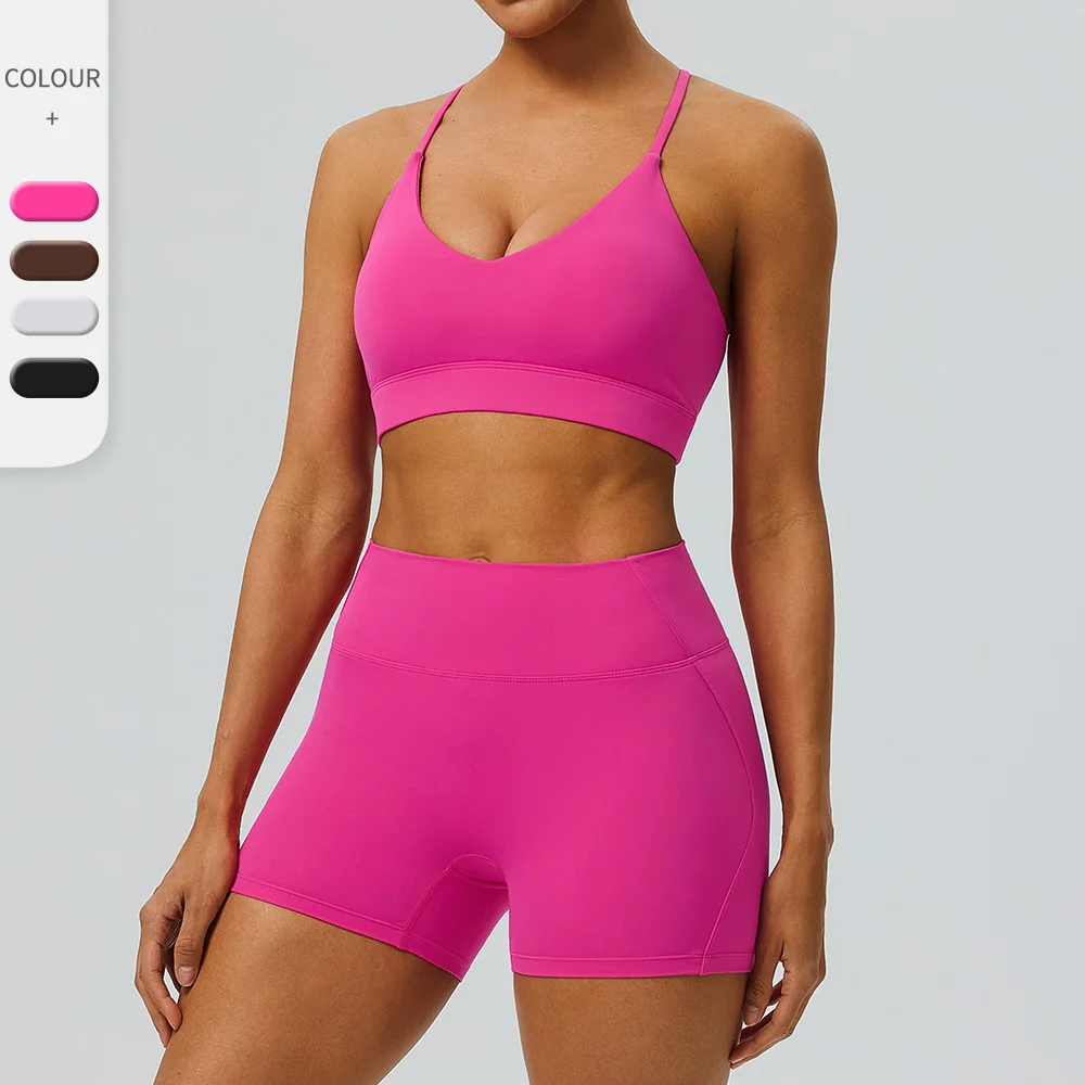 2Pcs Women Yoga Outfit Double‑sided Grinding Sports Bra & High Waist Tight Shorts Butt Lifting Fitness Running Sports Set