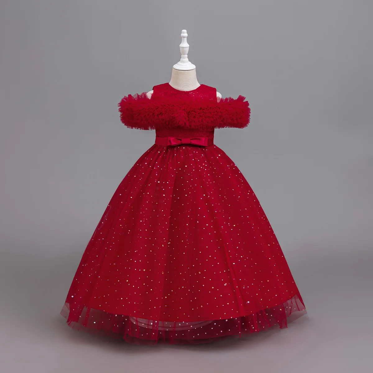 HETISO Children's Off Shoulder Puffy Dress Long Dots Tulle Girls Banquet Tutu Princess Christmas Party Ball Gown 4-12 Years