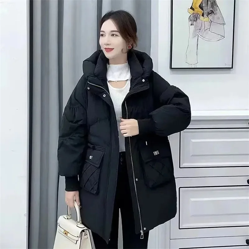 2023 New Autumn/Winter Korean Version Down Cotton Coat Female Mid Length Thickened Cotton Coat Loose Bread Coat Cotton Outcoat