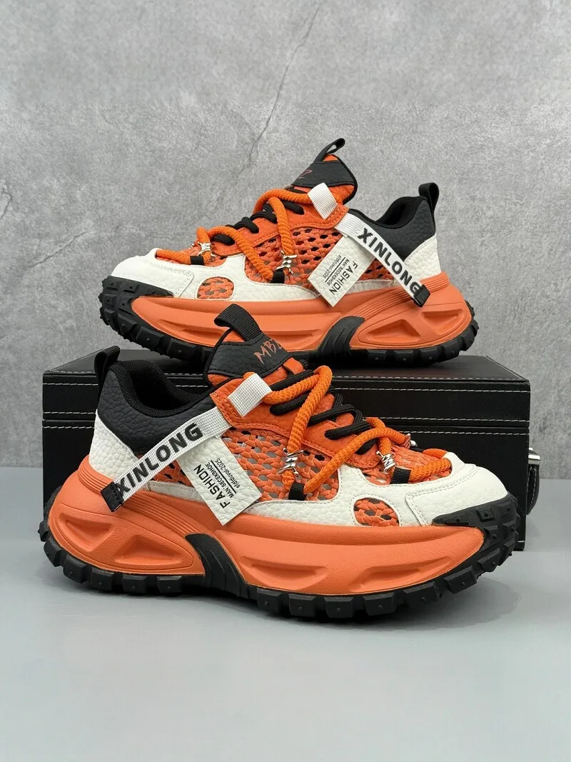 Men's Fall Thin Breathable Anti-Slip Sporty Casual Shoes Heightening Soft Bottom Tire Design Comfortable Low Top Leather Inte...