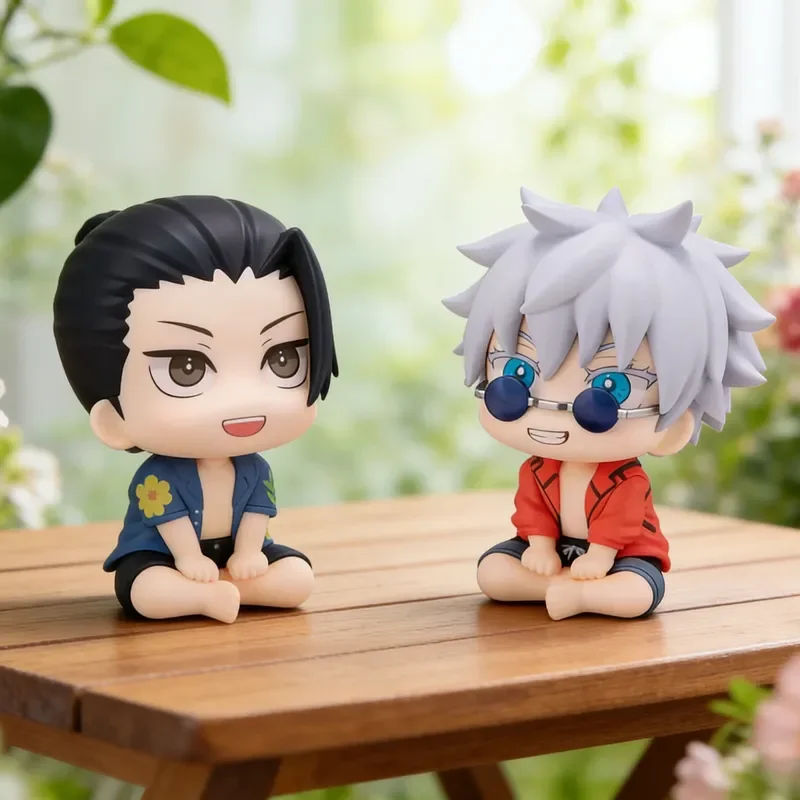 2 Stück Anime Jujutsu Kaisen Gojo Satoru Geto Suguru Sitzende Figuren Set Q-Version Modell Puppe Spielzeug PVC Sammlerstück Desktop-Deko Geschenk