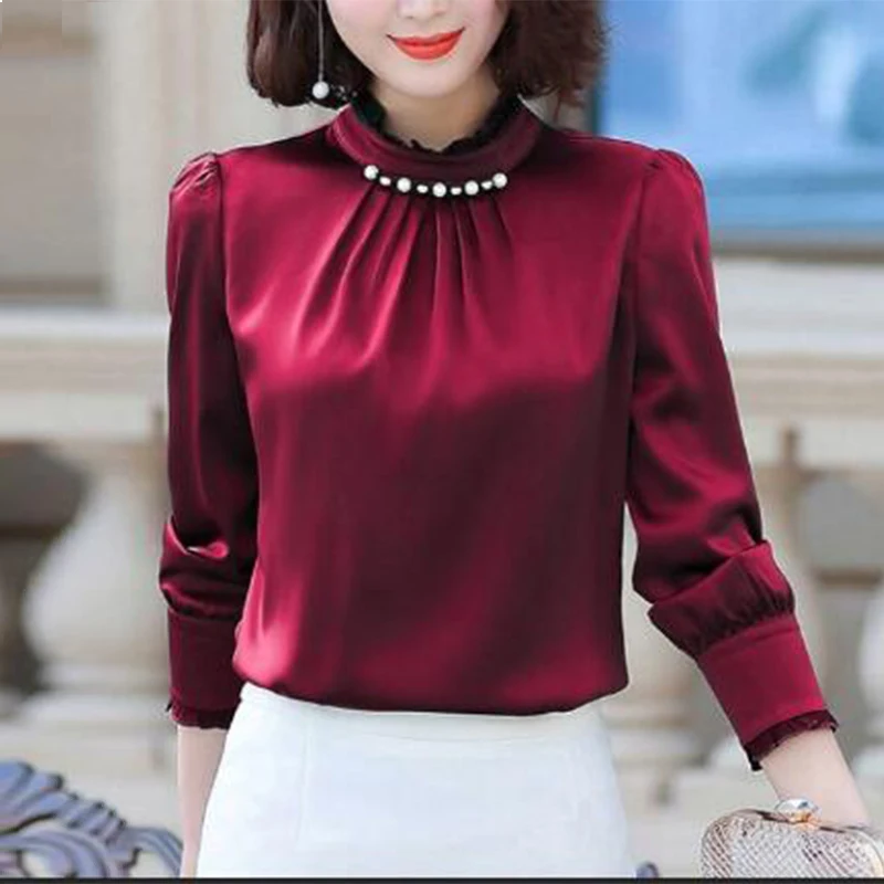 Spring Autumn Ruffles Stand Collar Satin Blouse Top Women Office Lady Elegant Beading Blusa Oversized Shirt All-match Pullovers