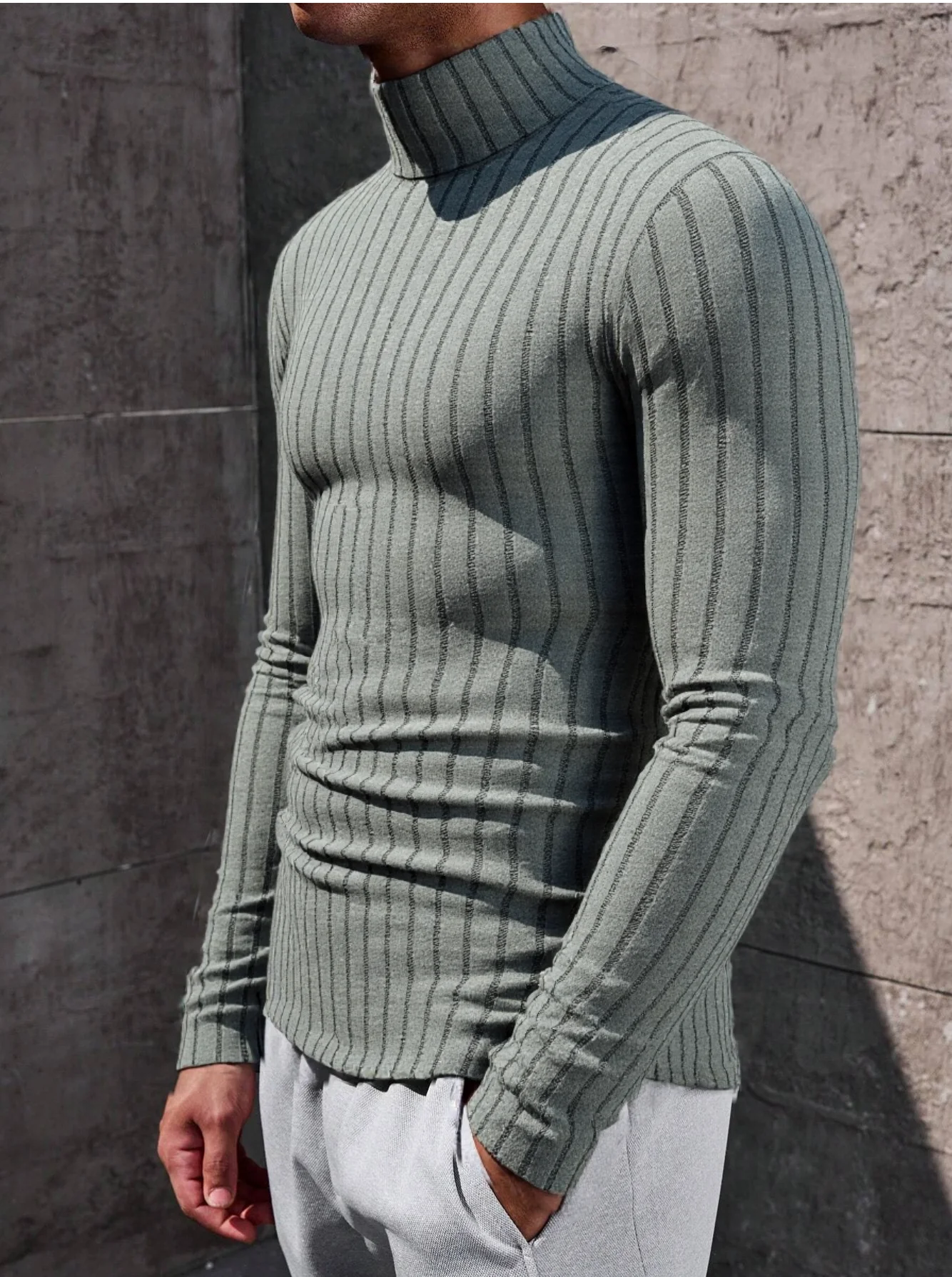 Herren Rollkragenpullover mit Langen Ärmeln, Vertikal Gestreift, Schlanke Passform, Gerippter Strickpullover, Lässiger Stretch-Unterzieher – Detail 5