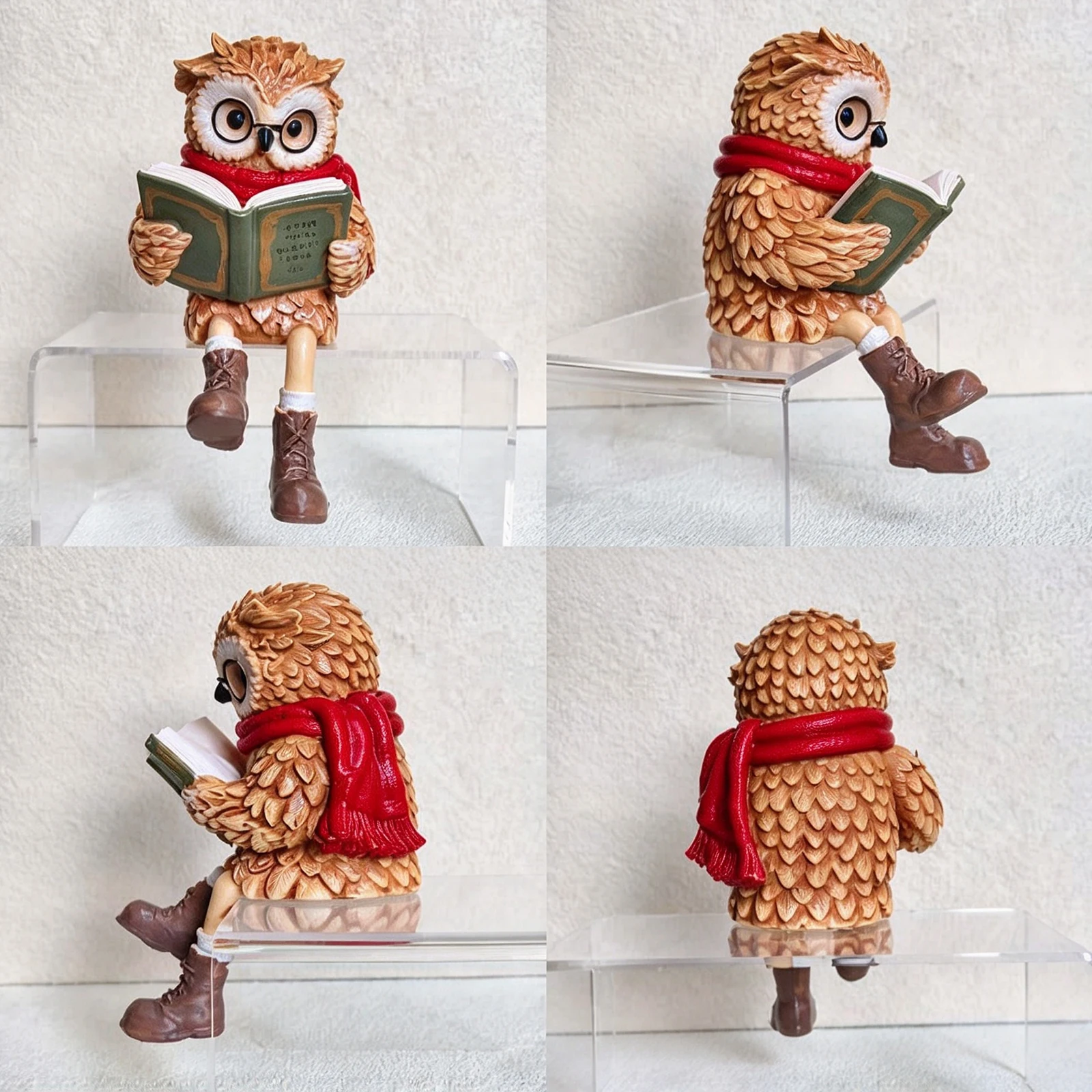 Reading Owl Shelf Sitter Resin Statue Dangling Boots Round Glasses Scarf Handcrafted Bookshelf Home Decor Ornament Gift