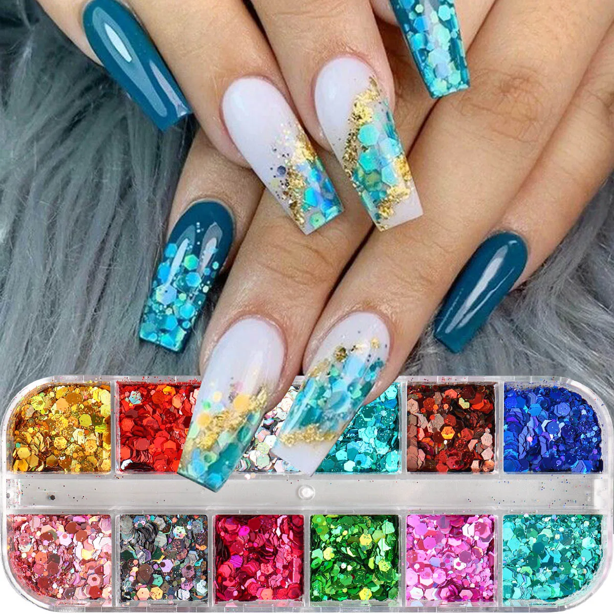 12 Grids Hexagon Nail Glitter Sequins Laser Dreamy Iridescent Glitter Sequin Sparkly Flakes Slices Y2K Mermaid Decoration