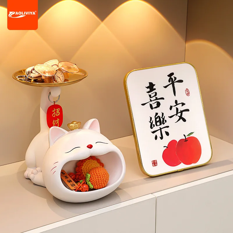 

Aoliviya Creative Double Storage Tray Lucky Cat Decoration Moving into the New House Living Room Decoration Hallway Key Storage