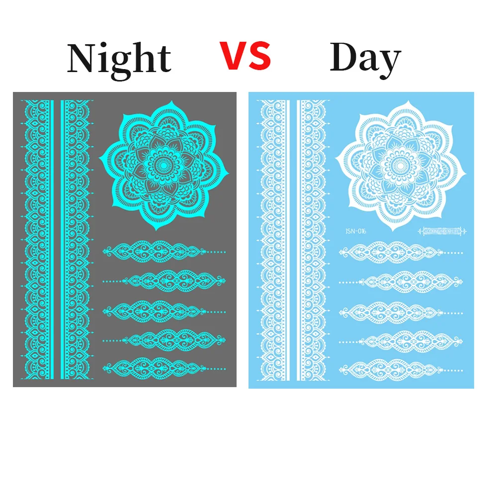 1PCS Blue Glow Henna Tattoo Sticker White Mandala Temporary Tattoos, Glow in the Dark Back of Hand Finger Body Art for Women