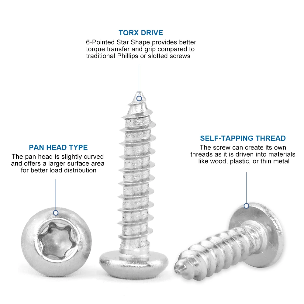 10-50pcs Pan Head Torx Drive Self Tapping Screw 304 Stainless Steel M2 M3 M3.5 M4 M5 M6 Round Head Six Lobe Star Tapping Screw