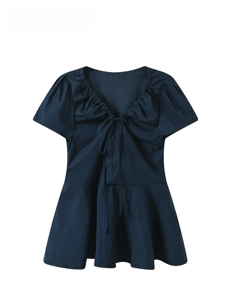 

plus Size Women's T-Shirt V-Neck Short Sleeve Doll Collar Meat Concealing Age-Defying Summer Fashionable Regular-Length Top