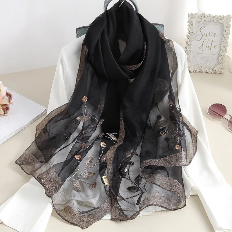 

Spring And Autumn New Silk Wool Warm Scarf Women's Korean Version Fashion Mulberry Silk Shawl Gold Embroidered Thick Scarf