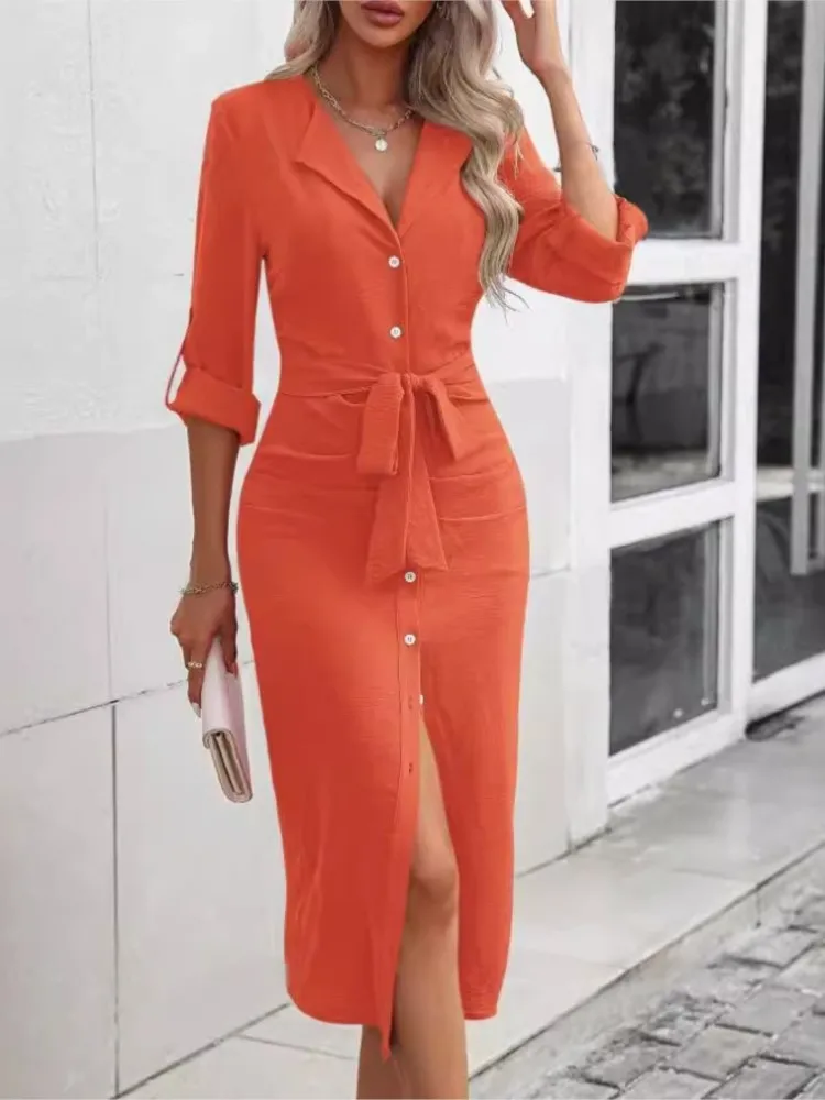 Casual Women's Shirt Dress Solid Lapel Button Cinched Waist Strap Temperament Slit Dress Autumn 2025 New Commuter Long Dressess