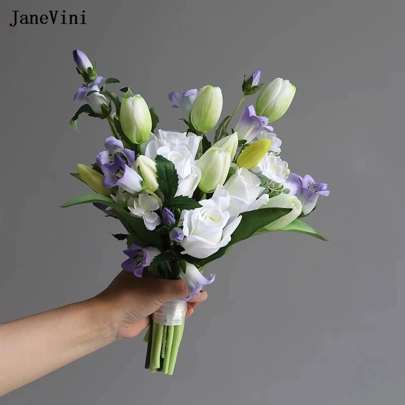 

JaneVini Spring Real Touch White Roses Tulip Wedding Bouquets for Bride Artificial Calla Lily Bridal Flowers Bouquet Rose Violet