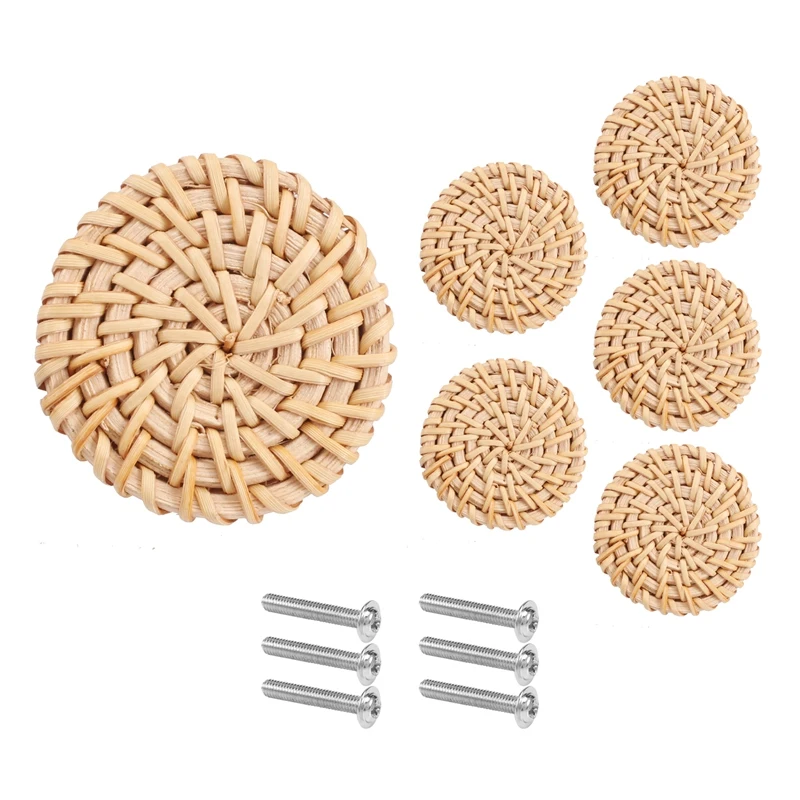 Boho Rattan Dresser Knobs Round Wooden Drawer Knobs Handmade Wicker Woven and Screws for Boho Furniture Knobs 6Pcs-A09G
