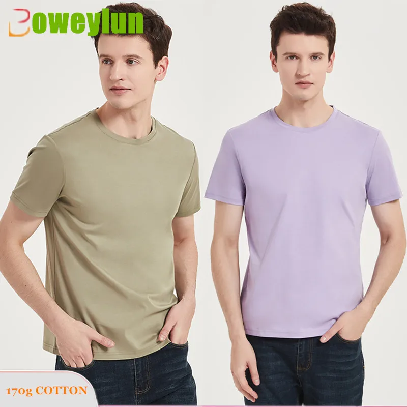 Boweylun120S Double-Sided Mercerized Cotton T-shirt Men's Skin-friendly Breathable Sweat-Absorbing O-Neck Solid Short-sleeved