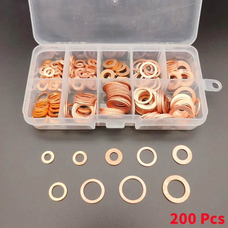 200 PCS,Copper Gasket Assortment Kit,Flat Sealing Ring,Auto Repair Parts,Oil Pan Screw Oil Drain Plug,M5/M6/M8/M10/M12/M14