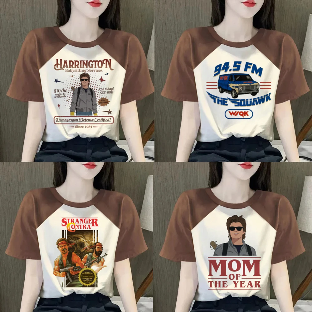 Steve Harrington Top Tees Mulheres de cabeça para baixo Universidade Harajuku Hawkins Hip Hop Gráfico Camisa colorida Camisetas clássicas