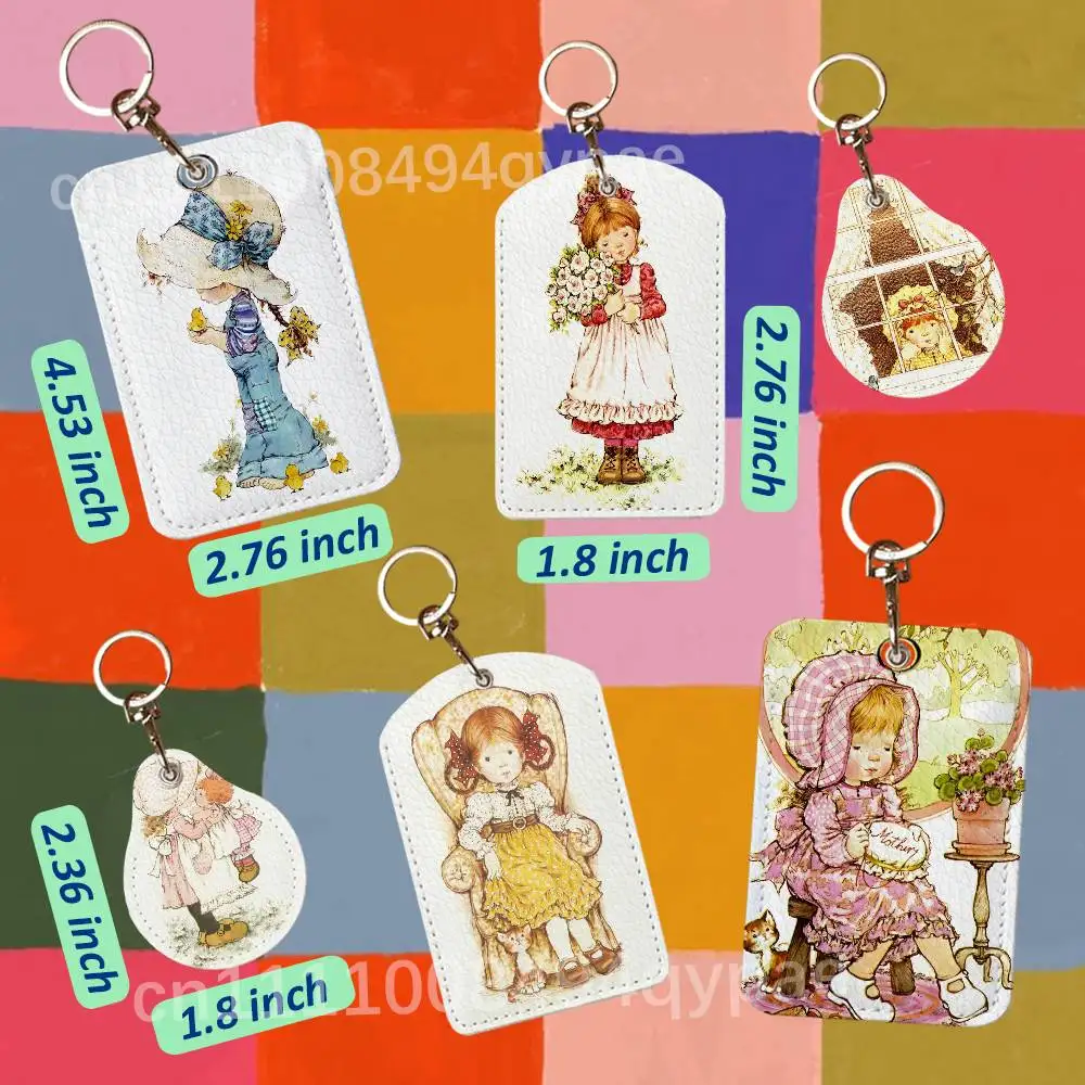 S-Sarah Kay Cute Leather Access Card Case Anti-lost Card Holder Keychain Accessories Fingerprint-proof Key Tag Ring