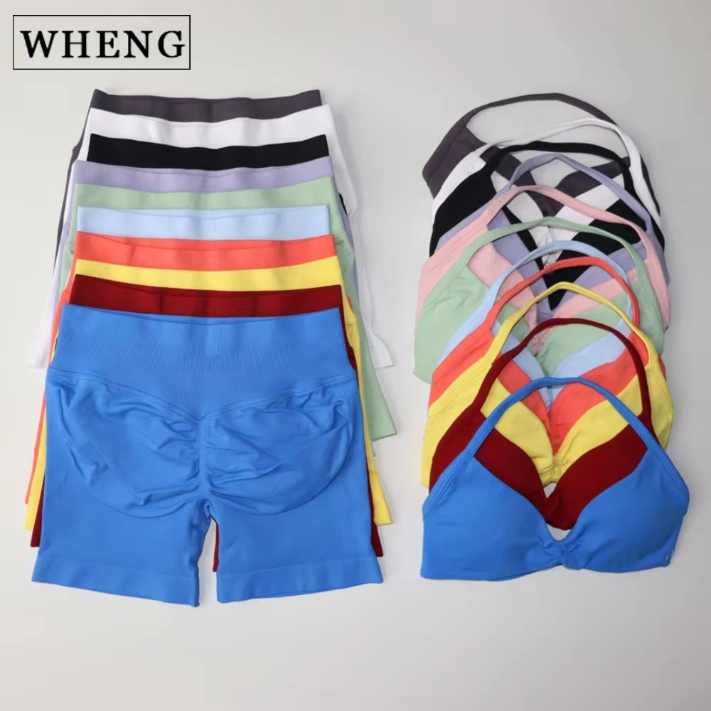

WHENG Gym Set 2 Piece Women Strappy Yoga Bra Top Workout Scrunch Shorts Sports Suit Fitness Clothes Seamless Yoga Set