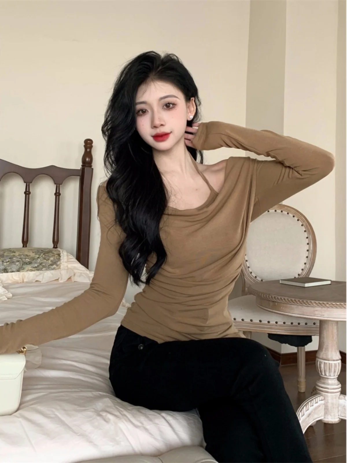 تي شيرت نسائي حلو وحار بقصة ضيقة ort Sve تي شيرت أرجواني قاعدة irt طويل Sve تخفيف Sle موسم الخريف Faion #2