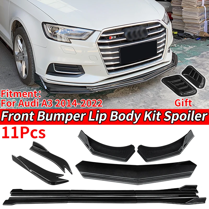 Car Front Bumper Splitters Lip Body Kit Spoiler Side Skirts Extensions Rear Wrap Angle Shark Fins Carbon For Audi A3 2014-2022