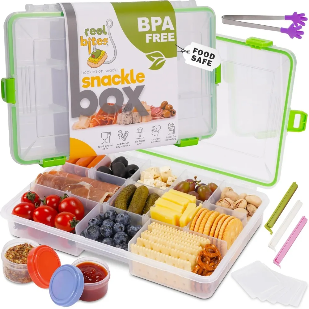 Reel Bites Contenedor de caja de aperitivos pequeño sin BPA para viajes - Contenedor de snacks para snacks - Caja de aparejos de snacks - Sna