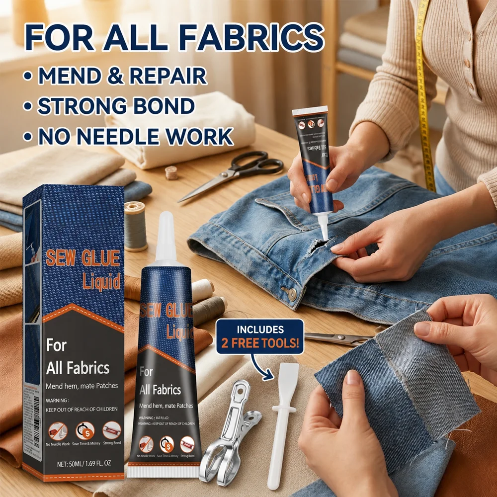 50ml Fabric Sewing Glue Fast Drying Clothes Mending Liquid Leather Repair Patches Kit With 2 Tools High Viscosity Craft Supplies