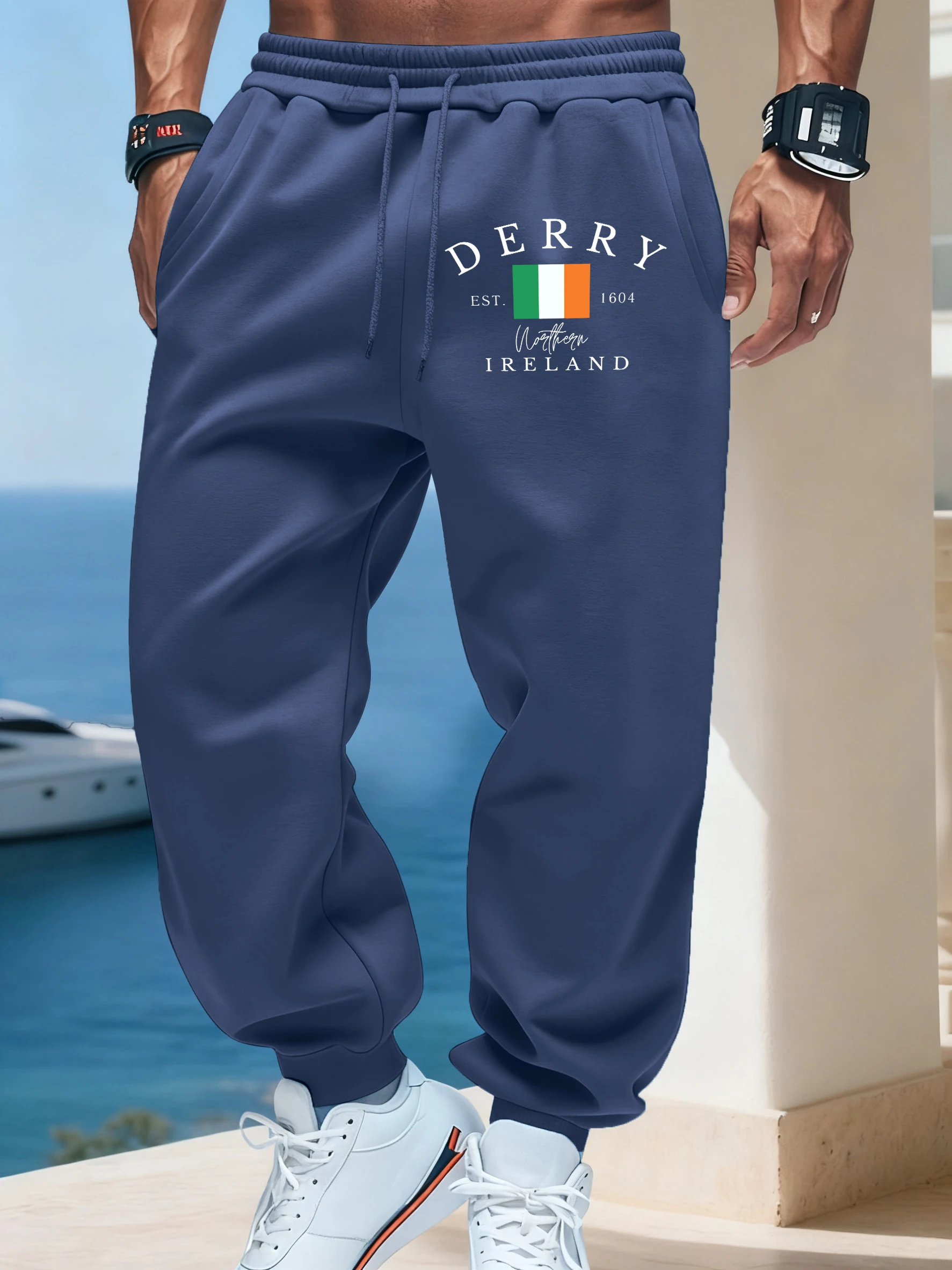 

Derry Northern Ireland Print Pocket Drawstring Trousers Mens Autumn Versatile Sweatpants Basic Warm Britches Street Casual Pants