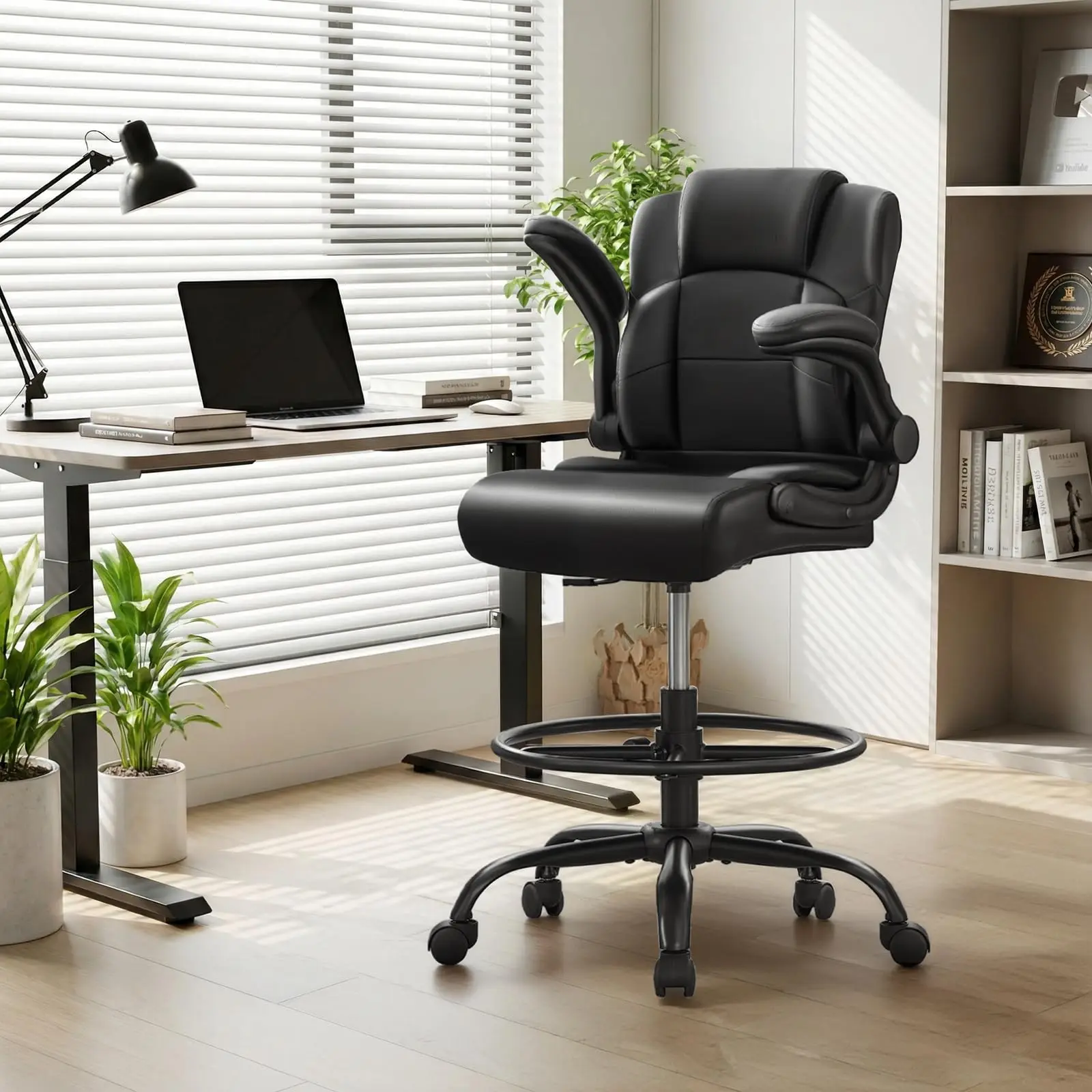 Drafting Chair, Tall Office Chair for Standing Desk, 500Lbs PU Leather Ergonomic Chair with 90 °Flip-up Armrests