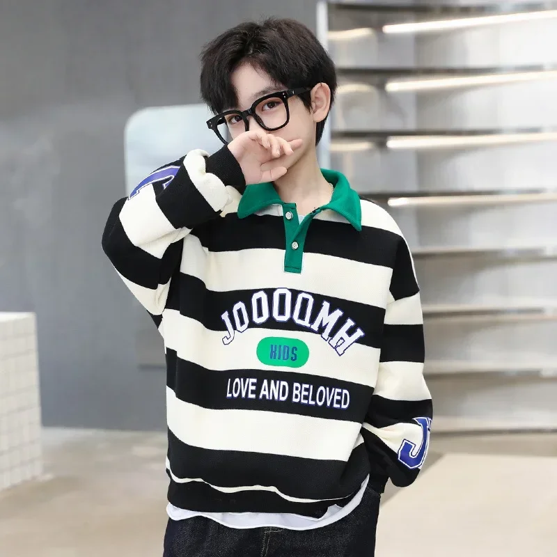 

Spring Autumn School Kids Cotton Striped Lapel Sweatshirt Boys Pullover Jumper Children Outfits Tracksuit Tops 6 8 10 12 14 Year