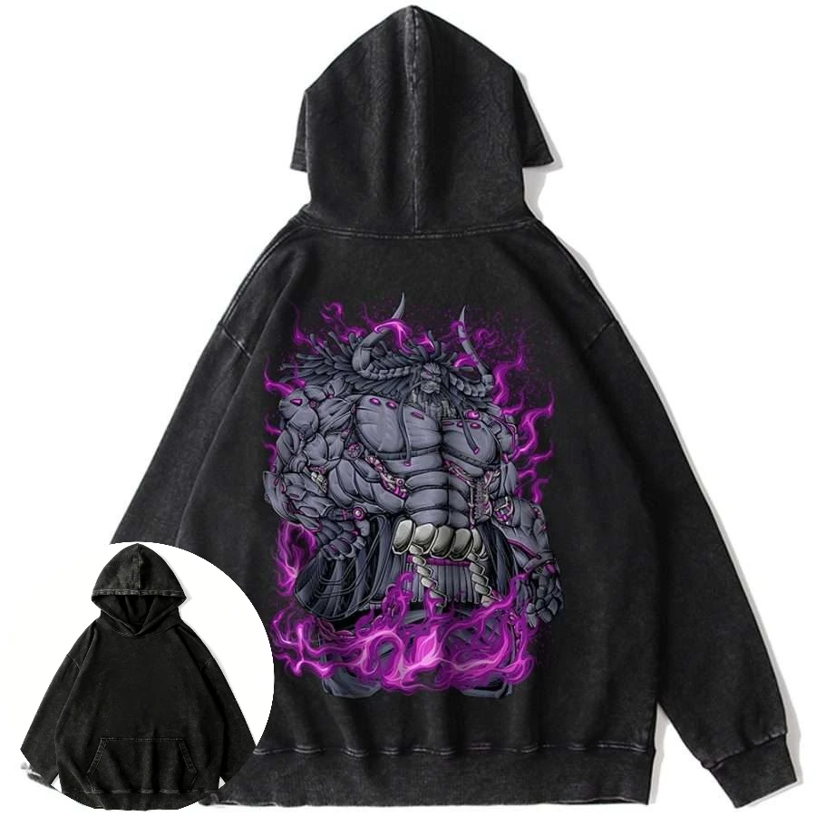 

Men's One Piece Washed Cotton Hoodie with Chopper Character and Purple Flames Back Print Anime Graphic Casual Long Sleeve