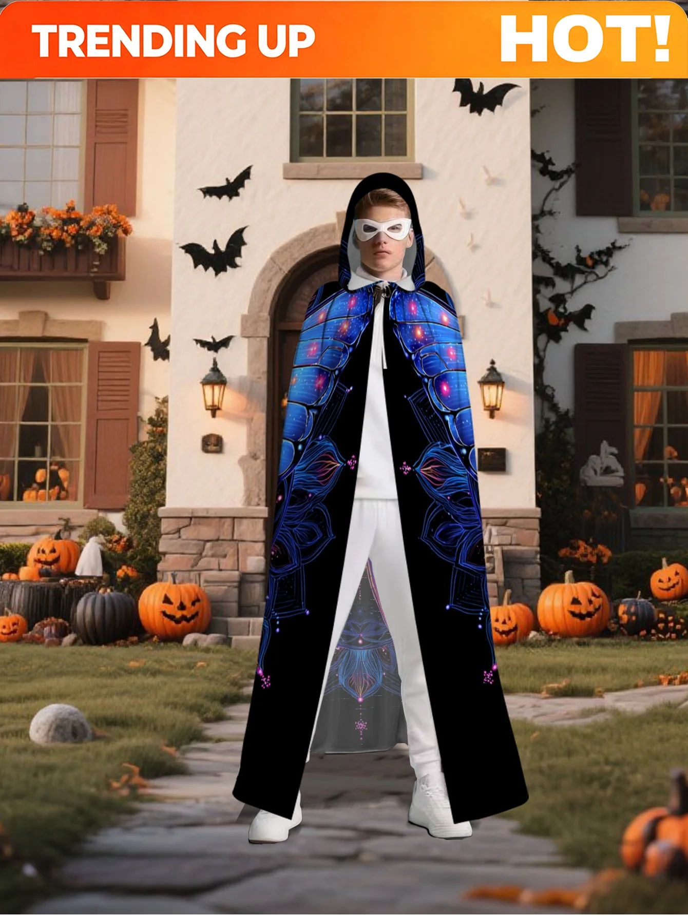 Customization 1pc 's & Unisex-Friendly Neon Glow-in-the-Dark-like Butterfly Mandala Cape Costume - Hooded Party Cloak