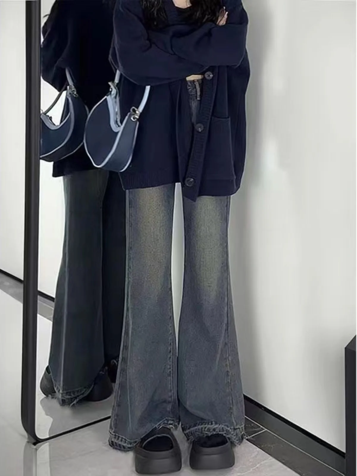 

Fall Winter plus Size Women's Vintage Ruffle Hem Denim Pants Elastic High Waist Hip Concealing Slimming Floor Length Bell Bot...